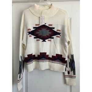 Lucky Brand Cream Aztek Pattern‎ Mock Neck Long Sleeve Crop Sweater Women Sz M